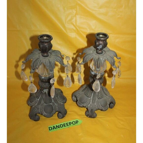 Vintage Pair Of Cast Metal Teardrop Crystals And Prizm Candle Stick Holders - Picture 1 of 12